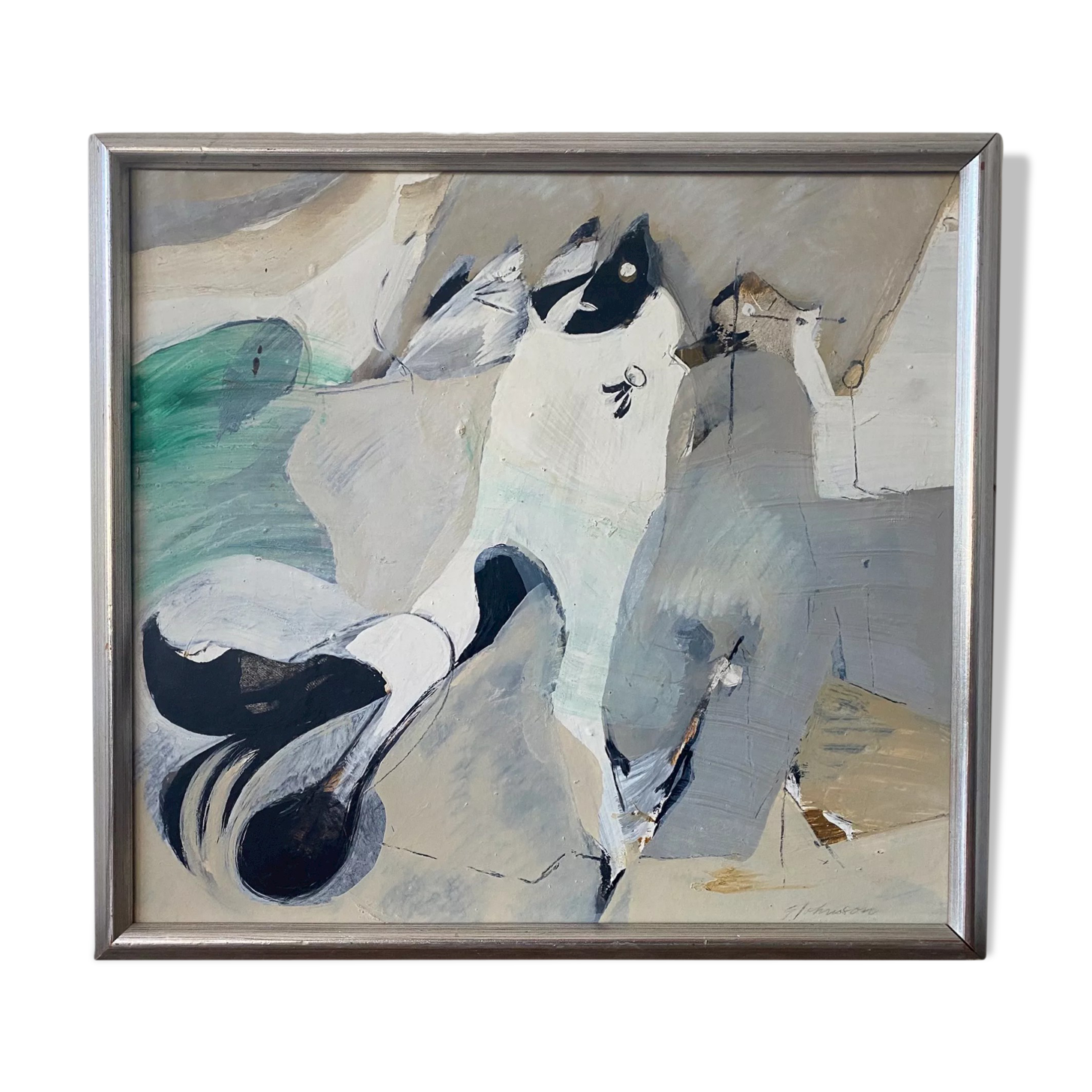 Mid-Century Modern "Flux" Swedish Vintage Abstract Oil Painting, Framed