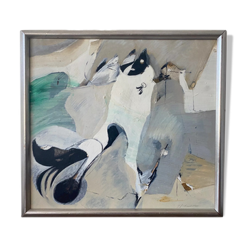 Mid-Century Modern "Flux" Swedish Vintage Abstract Oil Painting, Framed