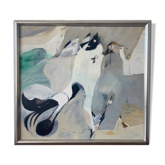 Peinture à l’huile abstraite abstraite vintage suédoise « Flux » du milieu du siècle, encadrée