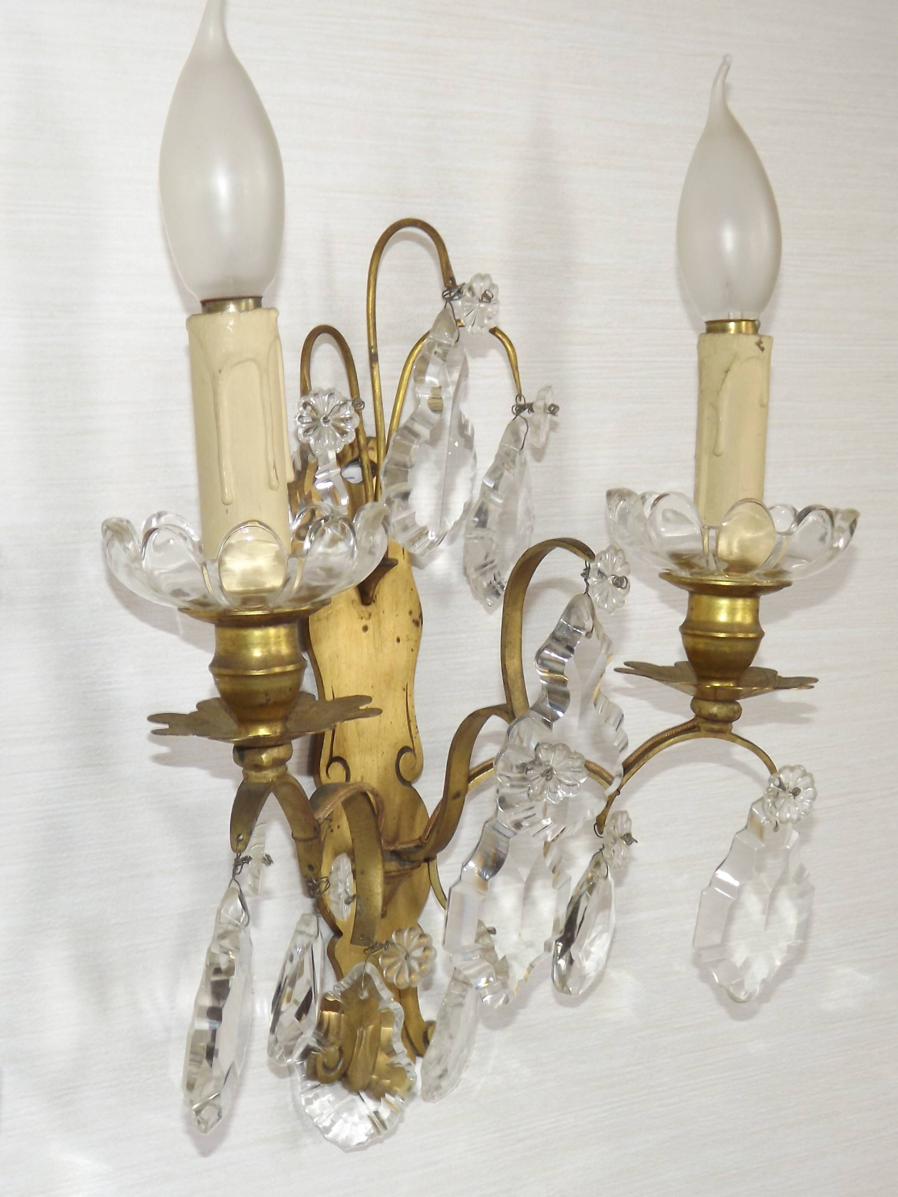 Pair of French Double Brass & Glass Wall Lights Adorned With Crystals
