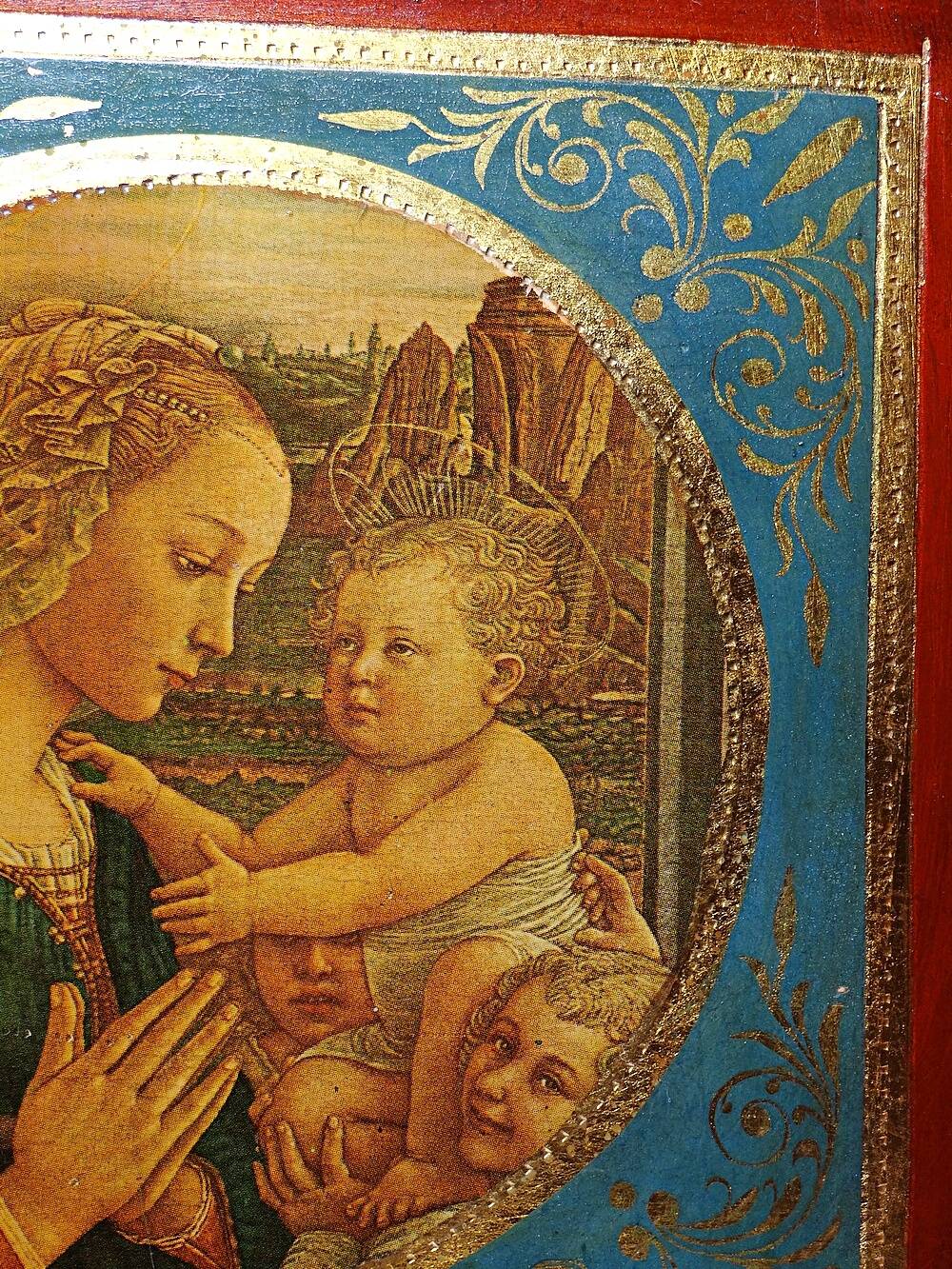 Small Florentine miniature painted wooden plaque "The Adoration" Virgin and Child
