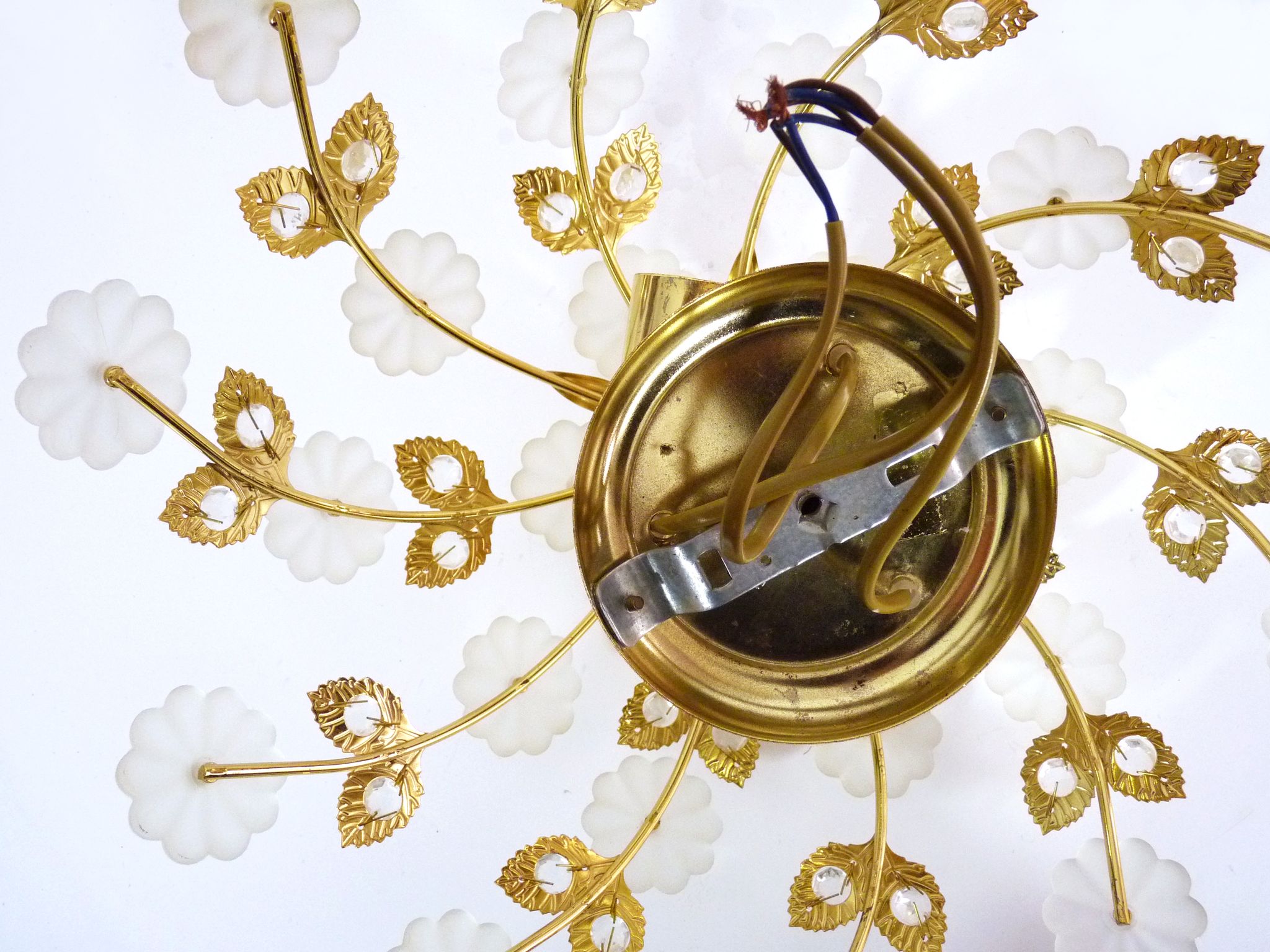 3-light gold metal and brass ceiling, white glass flowers and foliage 1970