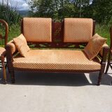Vintage bench in wood and orange/ivory velvet.