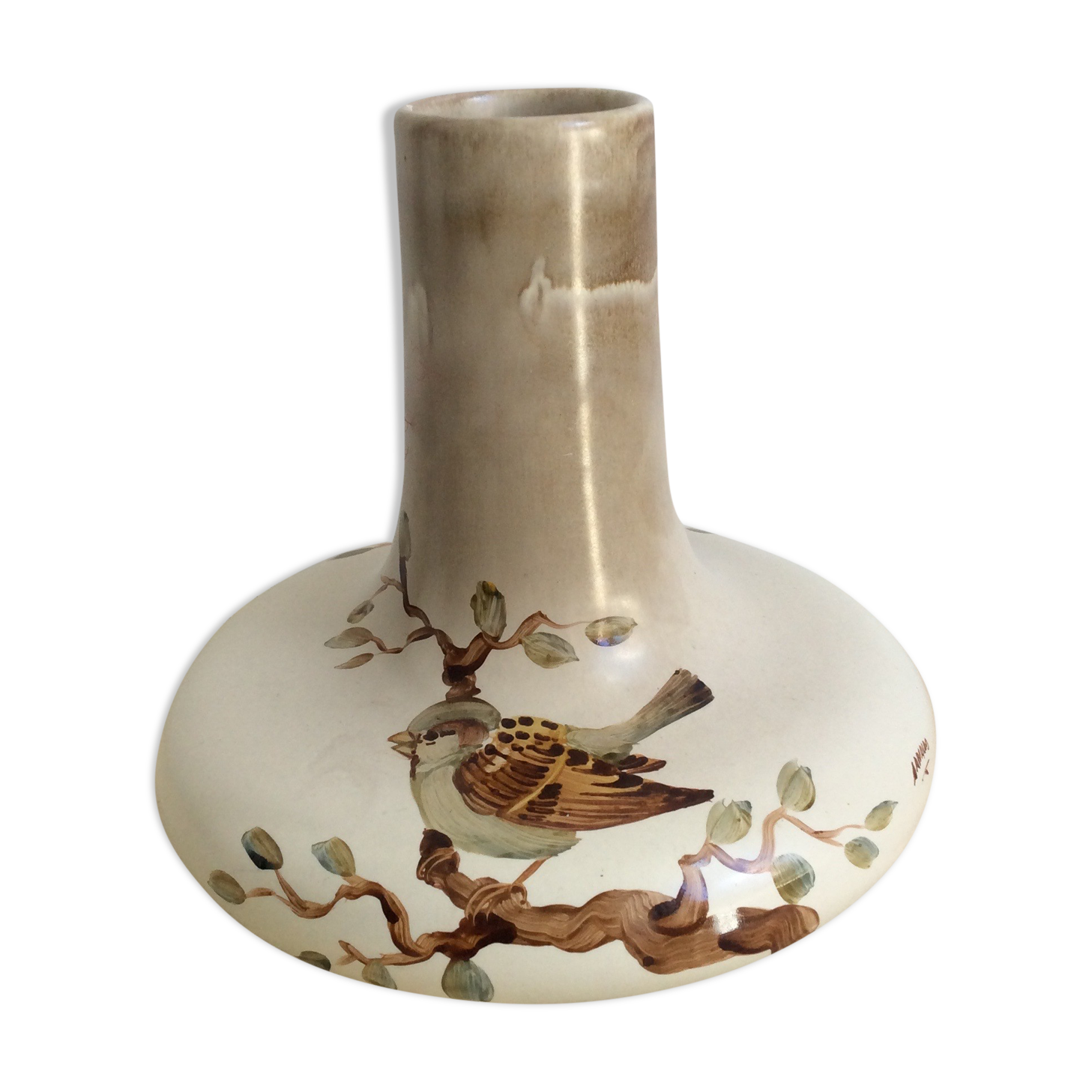 Vintage vase faience sparrow bird signed arnaldo italian ceramic