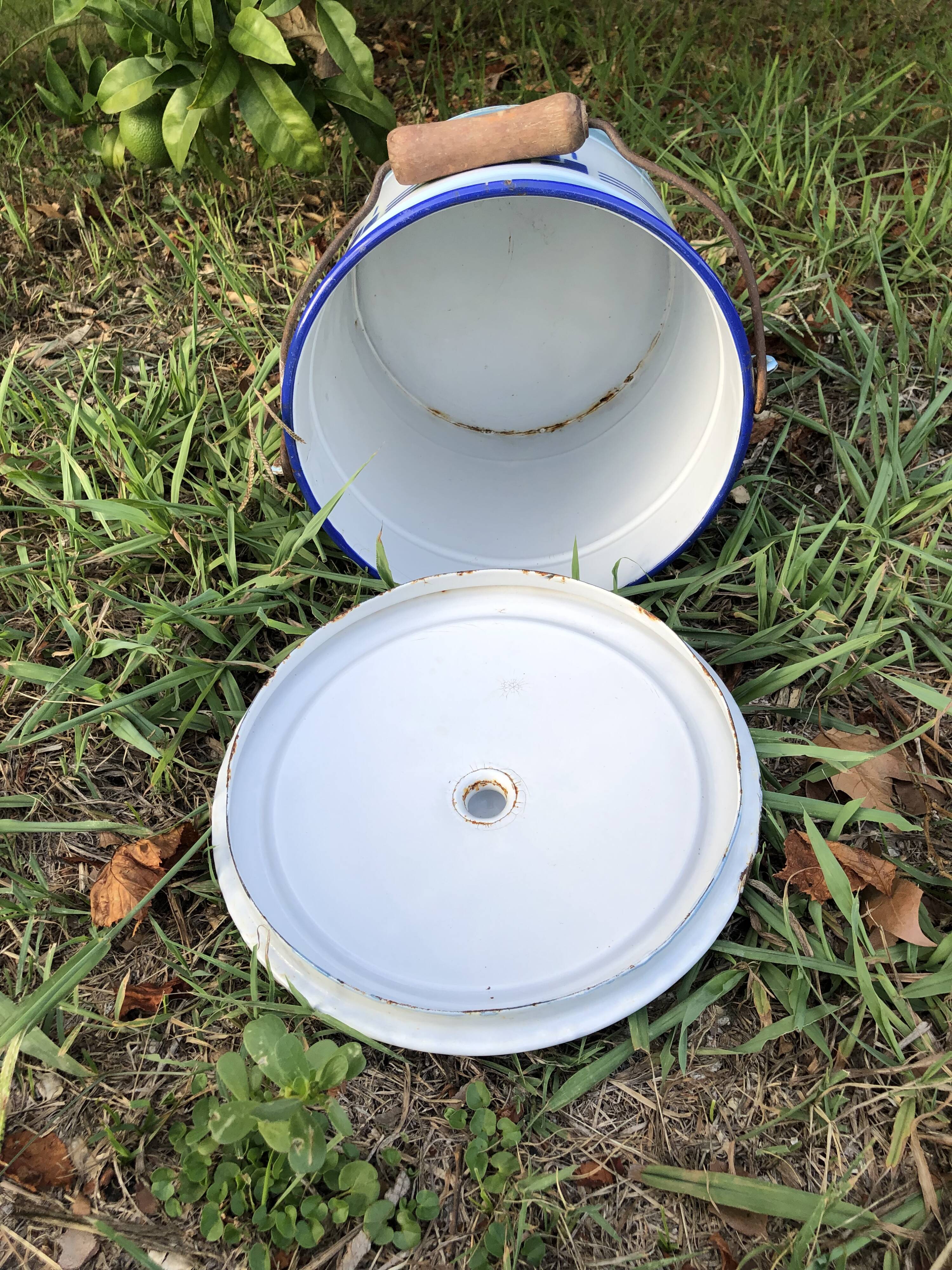 Enamelled jug, bowl and bucket