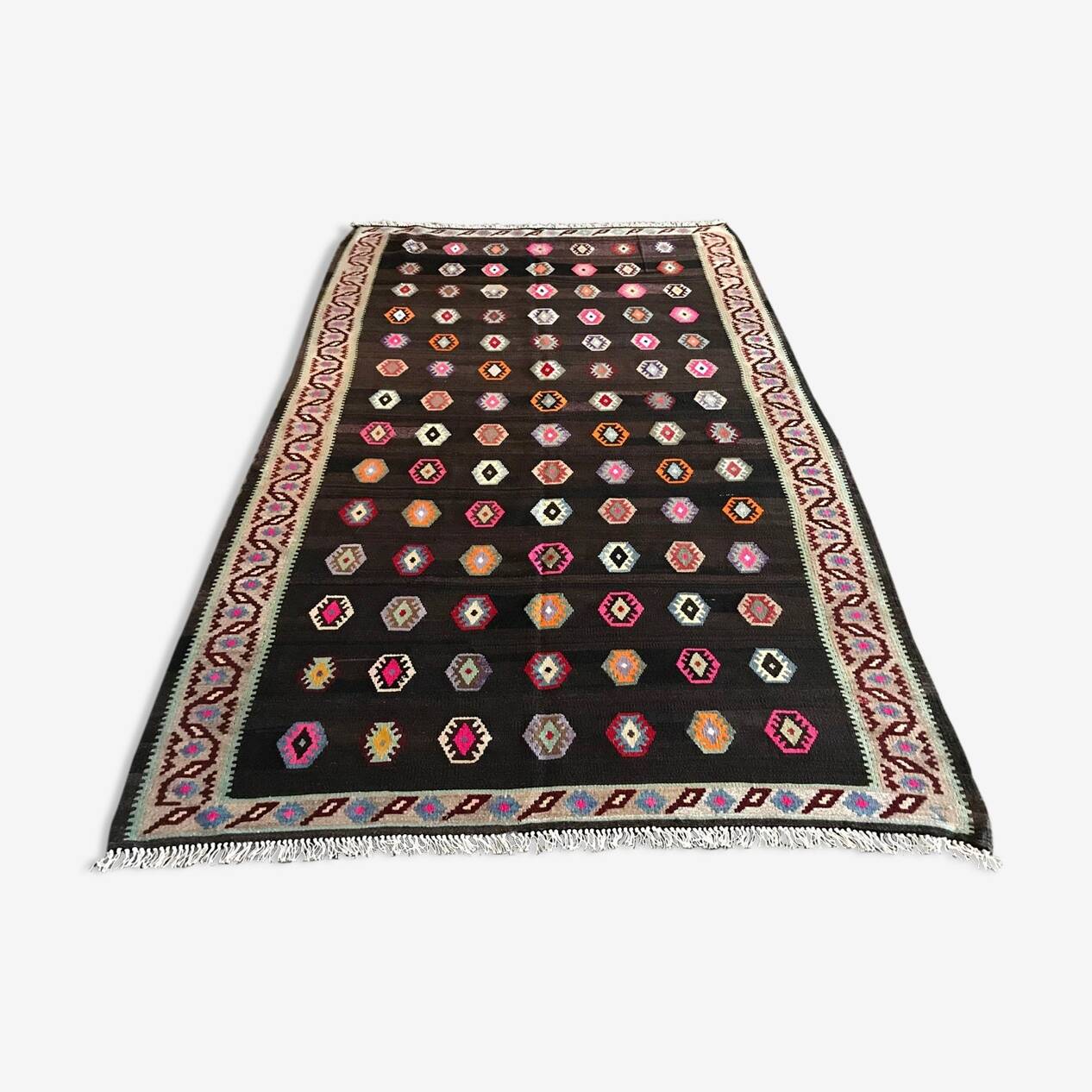 Old Black Anatolian Oushak Kilim Rug