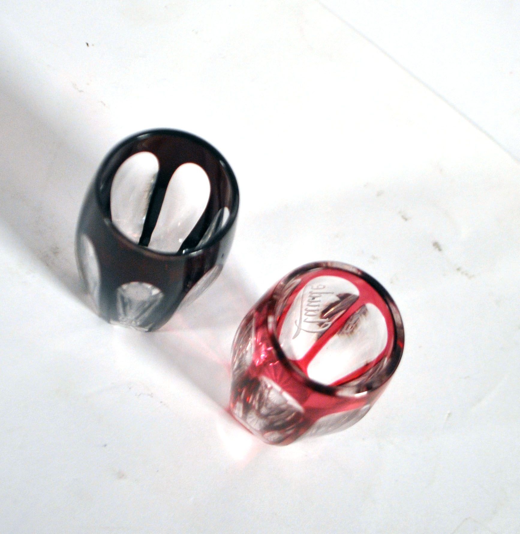 SAINT-LOUIS set of 2 crystal double overlay red engraved shooter glasses