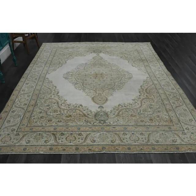 1970s Vintage Persian Handmade Wool Cotton Beige Area Rug 284x374