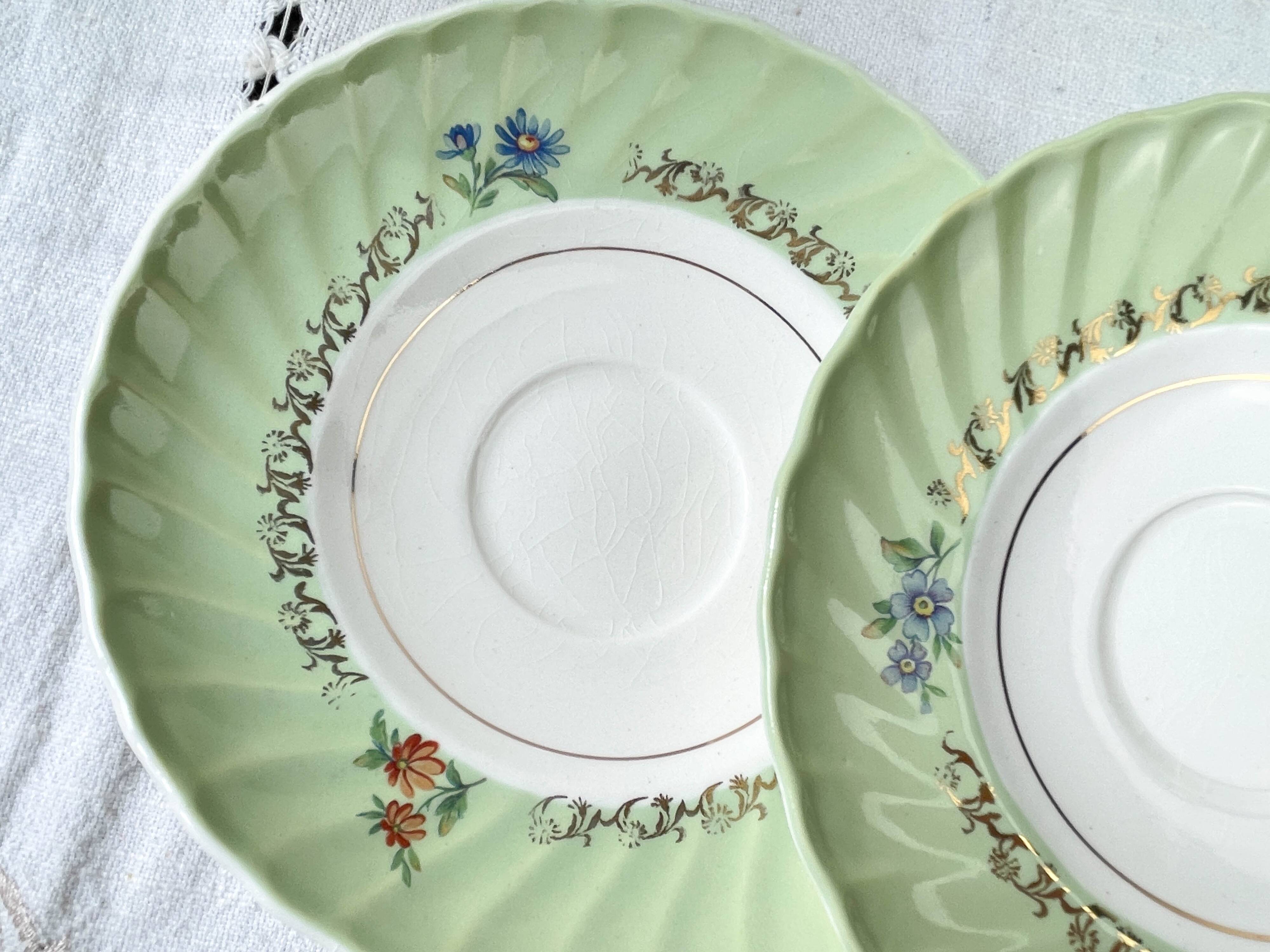 Vintage tea/coffee set in white, green and gold porcelain by SALINS, made in France