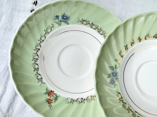 Service à thé/café vintage en porcelaine blanche verte dorée SALINS made in France