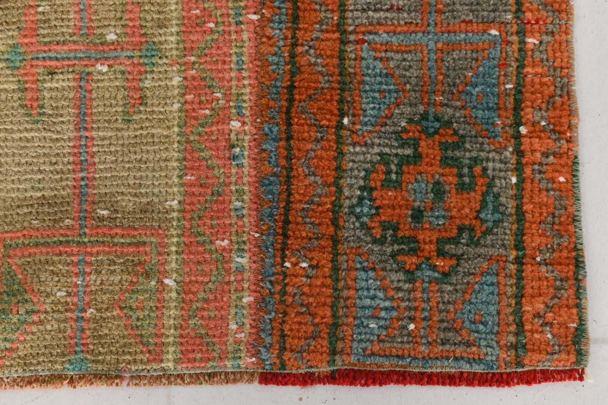 2x9 Vintage Coral Orange & Green Turkish Runner Rug, 70x275Cm