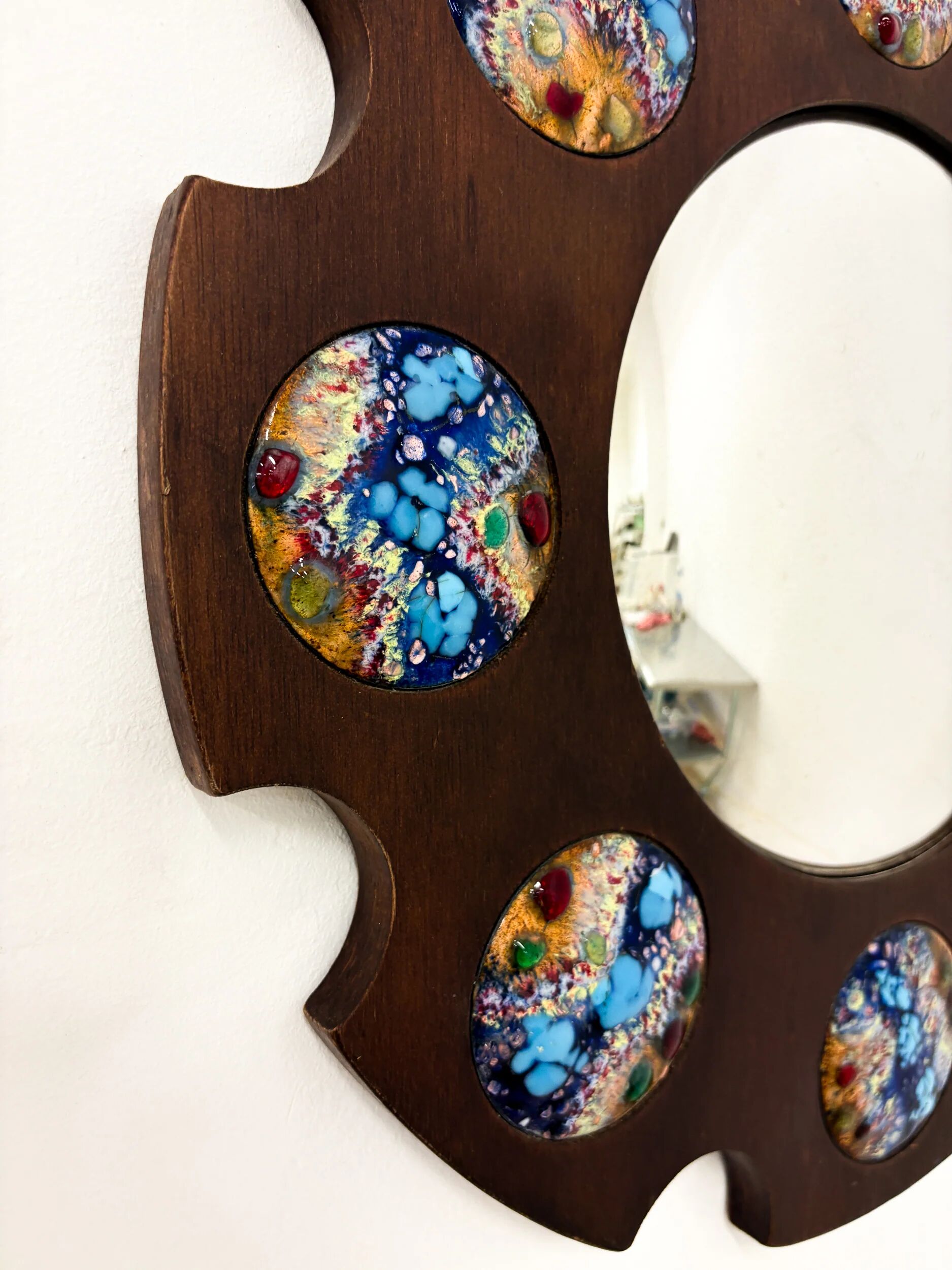 Modernist wood and enamel mirror by J. Capo Esmaltes, Spain, 1970s