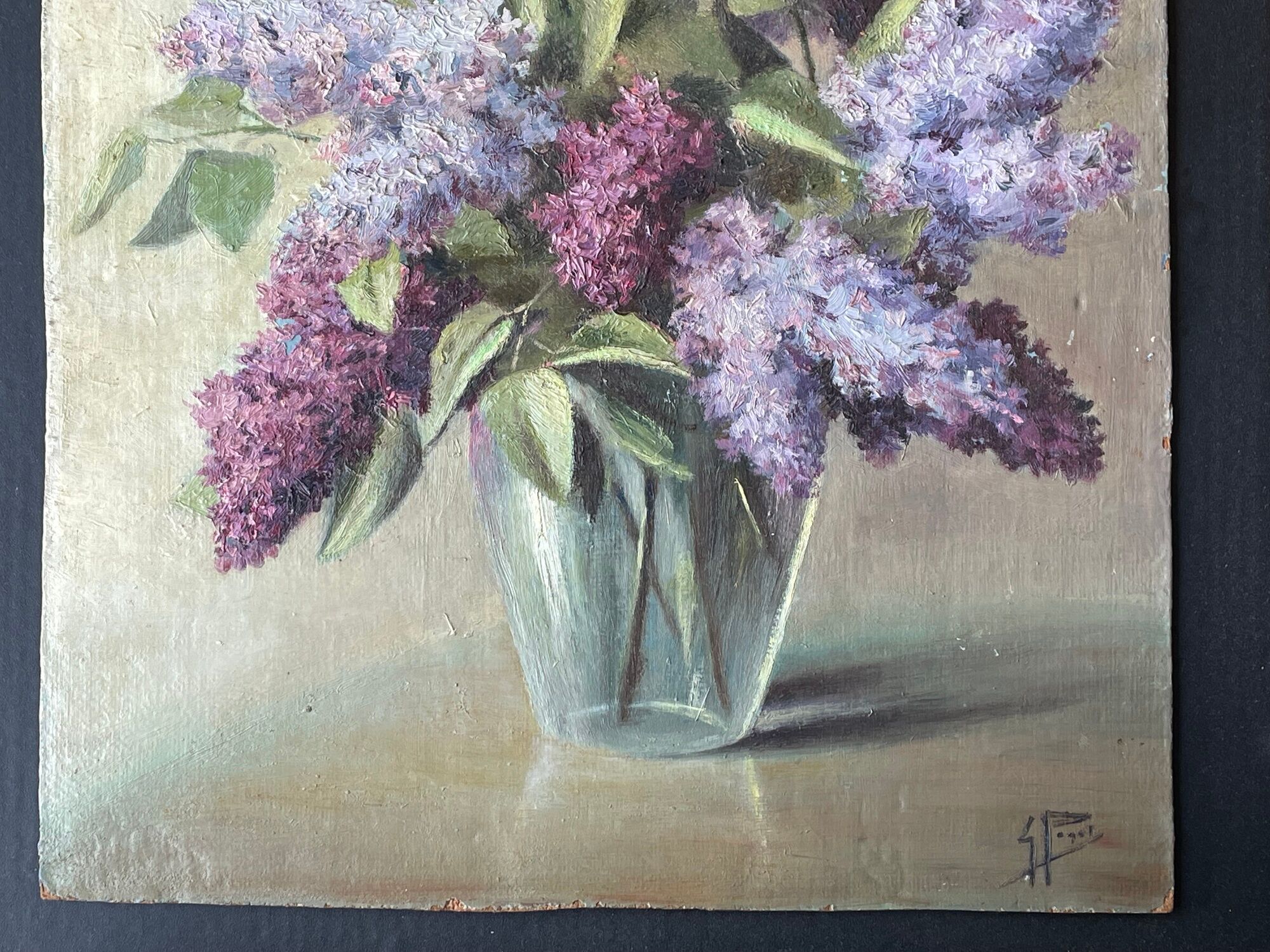 Painting without frame oil on panel signed paget, bouquet of lilacs