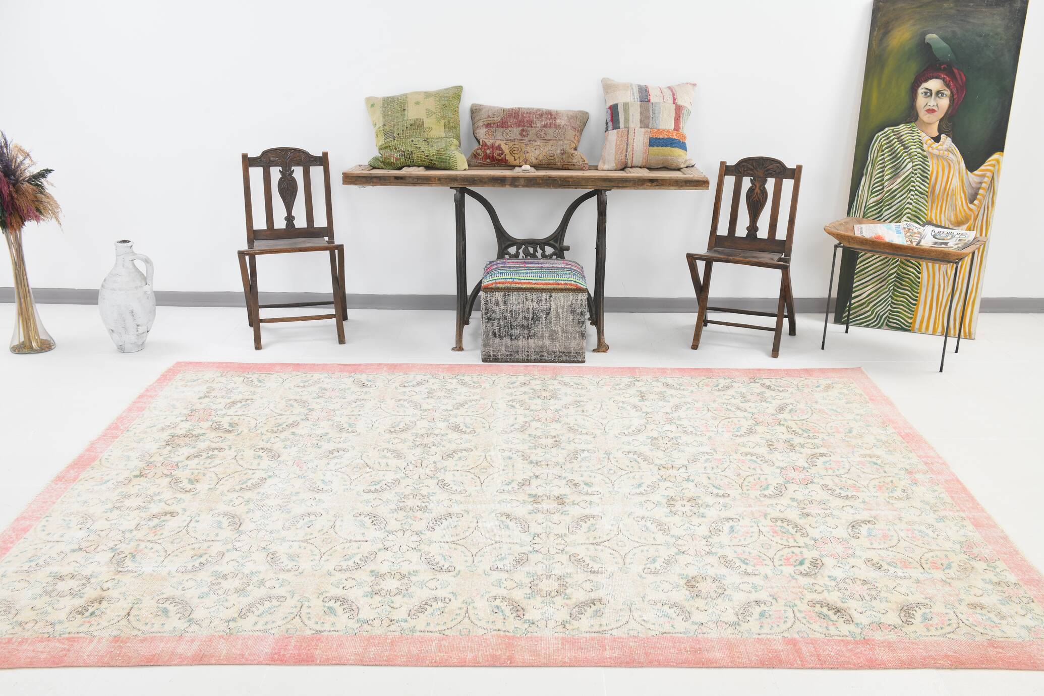 7x10 Rug For Living Room Beige Floral Turkish Rug, 203x303Cm SK20555