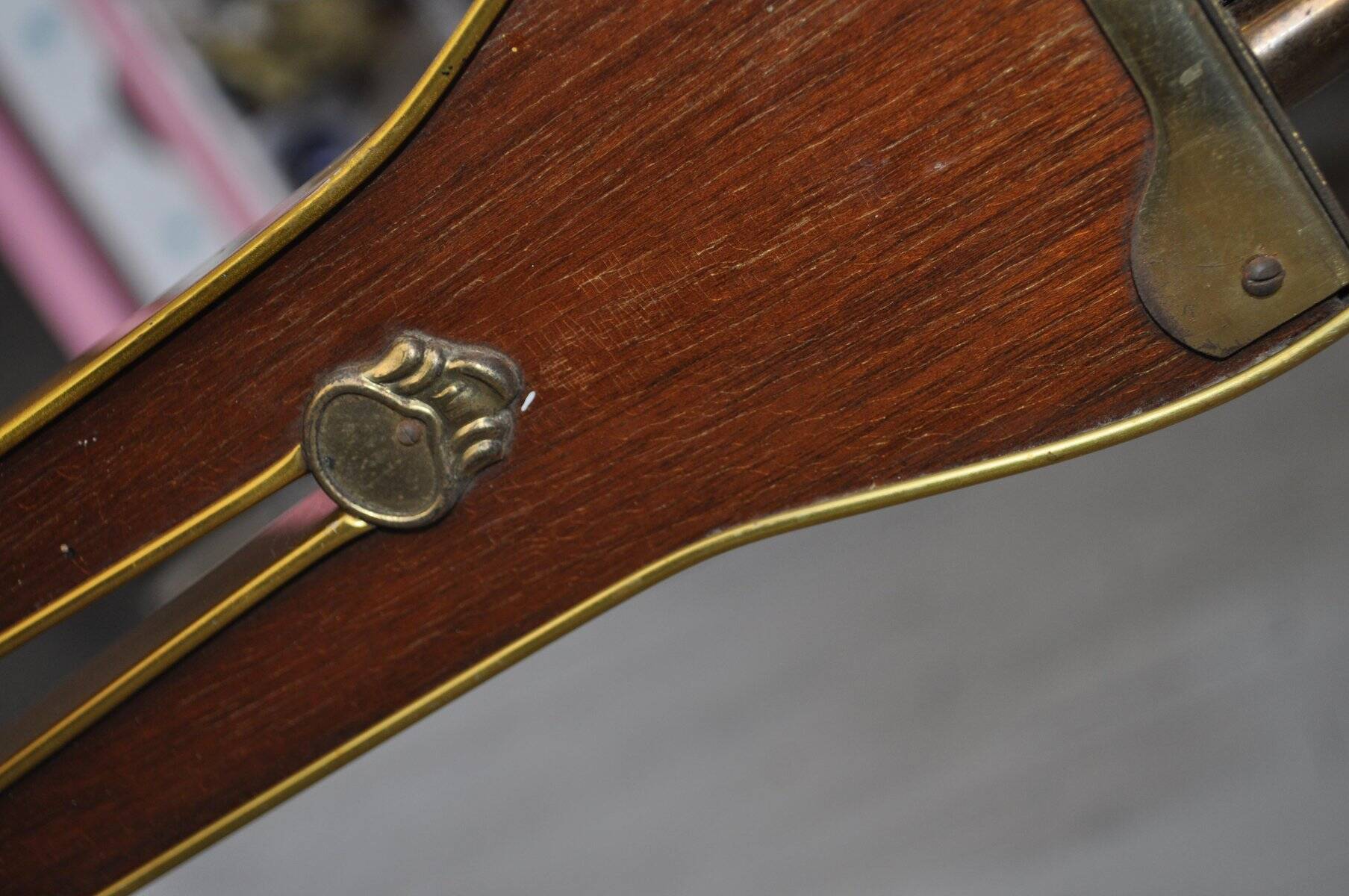 Illuminated cocktail cabinet in brown walnut and brass, multicoloured lampshades, 1950s.