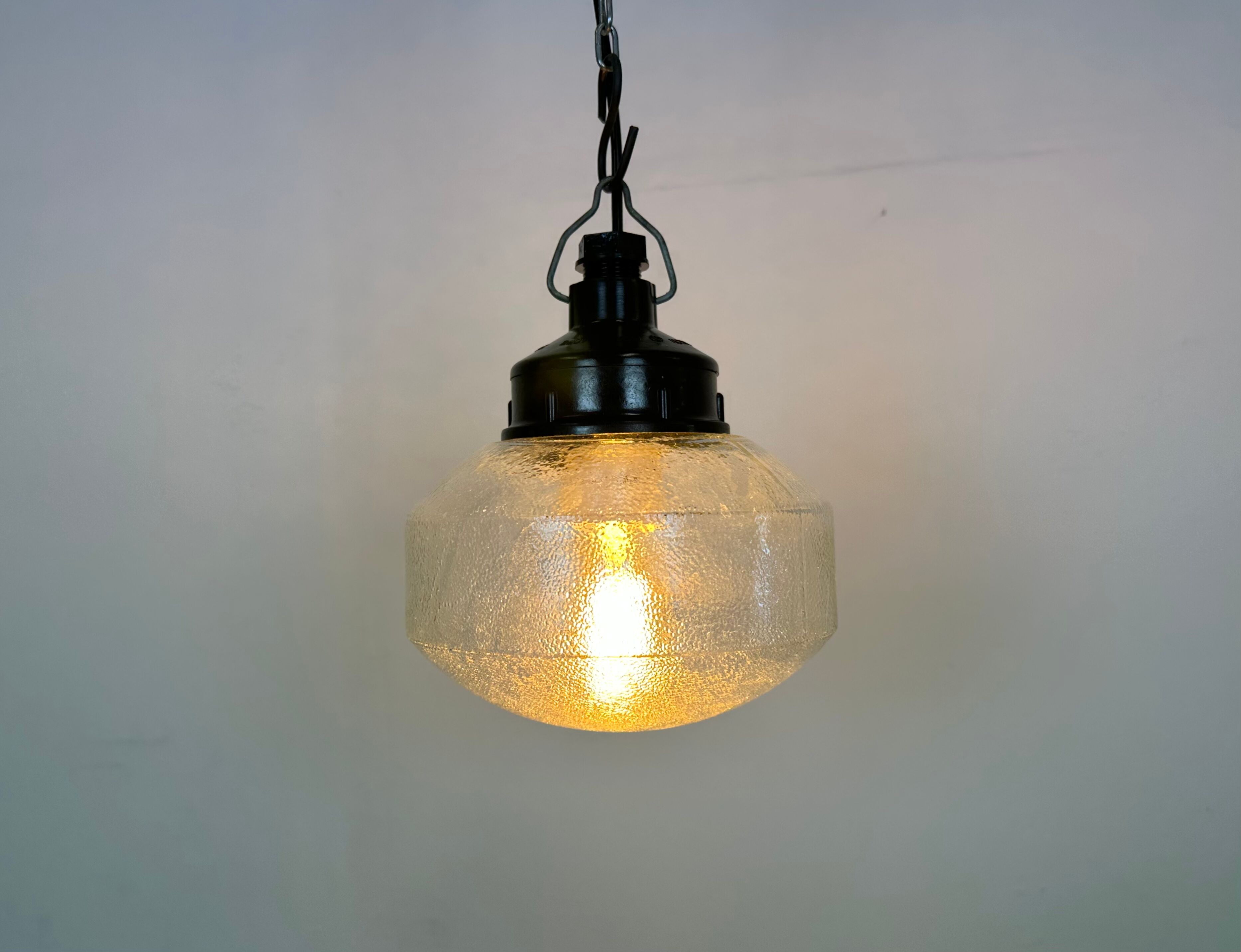 Industrial bakelite pendant light with frosted glass, 1970s