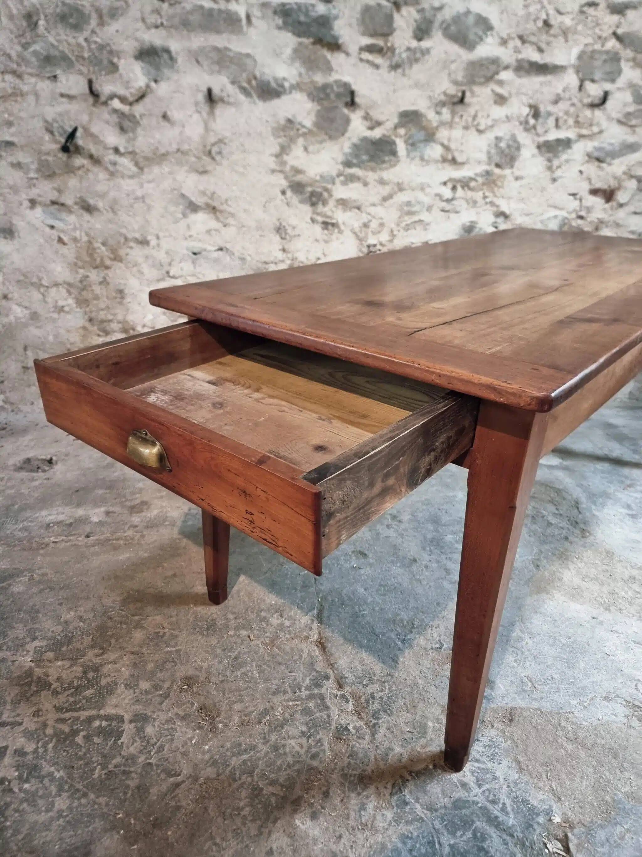 Antique French Farmhouse Table | 19th Century Cherry Wood Table with Drawer and Extension | 1880–1900 Rustic Kitchen