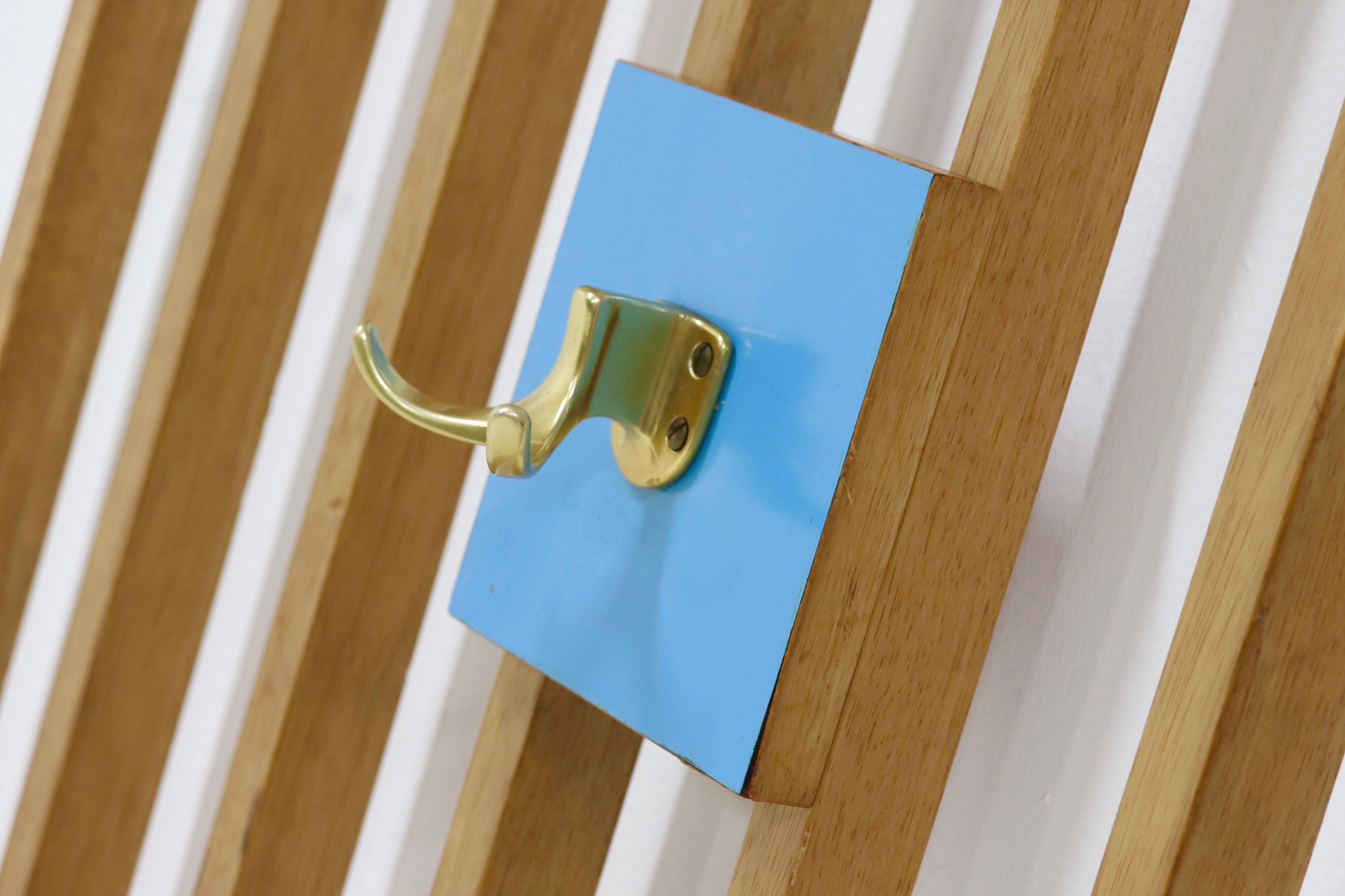 Large Wall Mounted Slatted Coat Rack 1960s