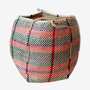 African basket from Ghana, hand-braided in natural vegetable fiber, red, purple green