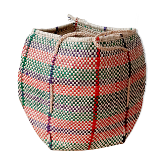 African basket from Ghana, hand-braided in natural vegetable fiber, red, purple green