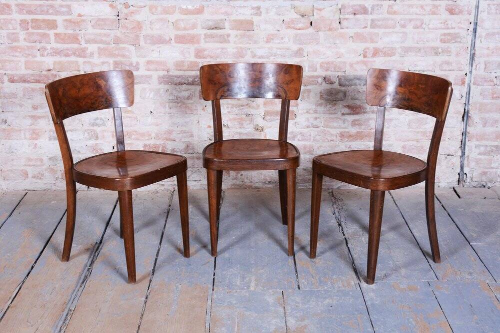 Art Deco Czech Chairs in Beech and Walnut from Thonet, 1940s, Set of 4