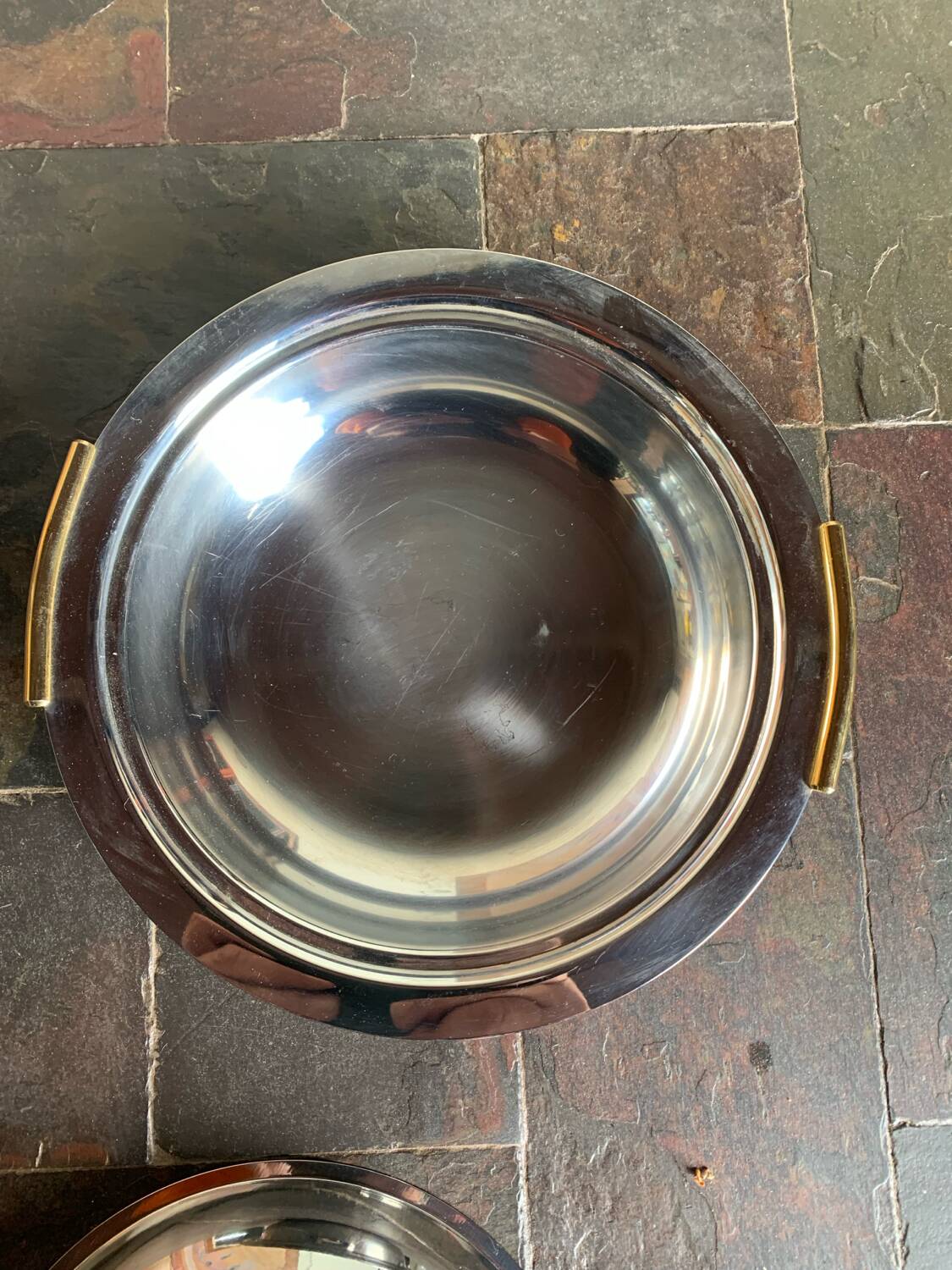 Vintage stainless steel vegetable dish AR CAS 18/10 – brass handles