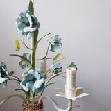 Vintage tole chandelier with light blue roses 1960s