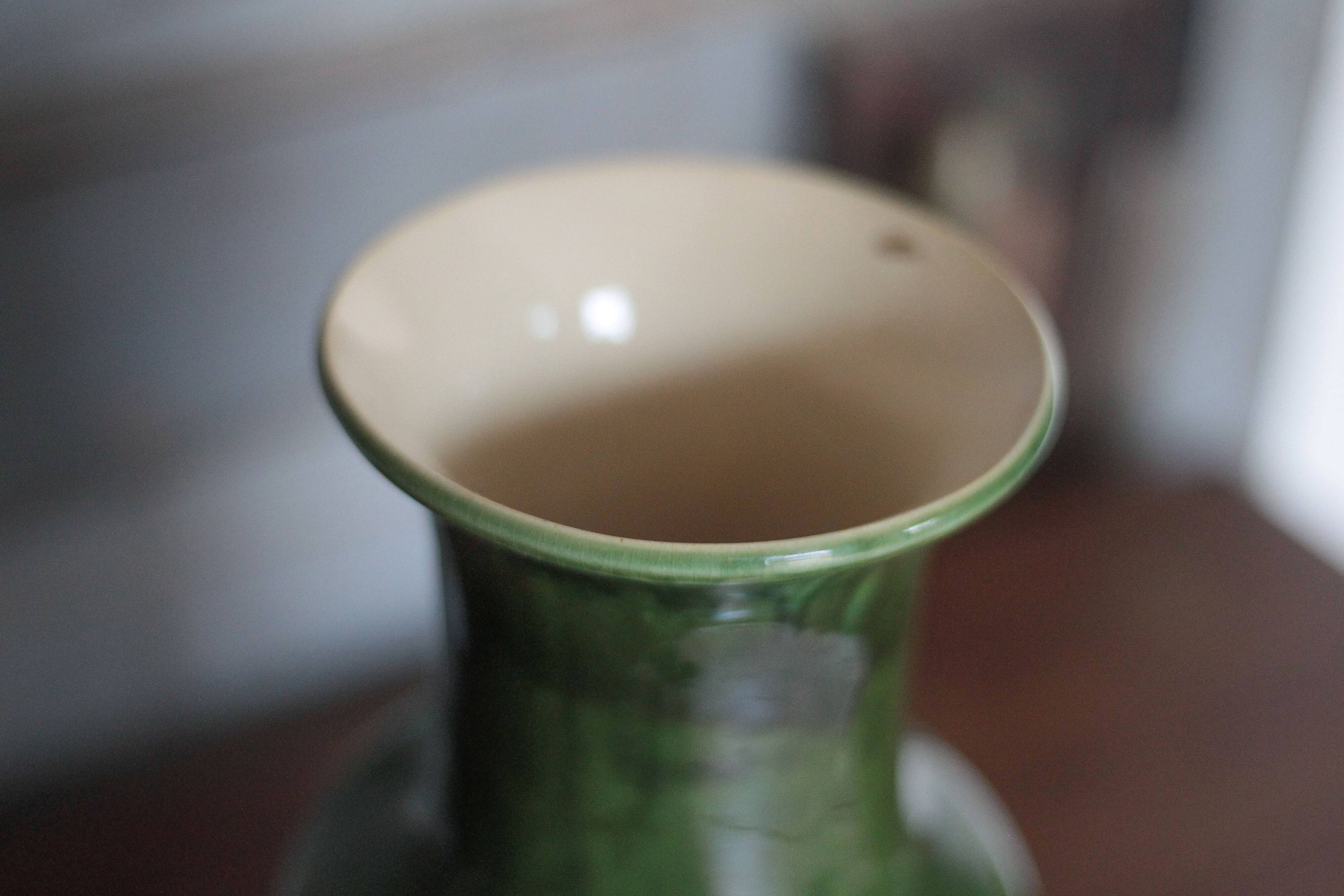 Green glazed ceramic vase, vintage baluster vase, flower pot