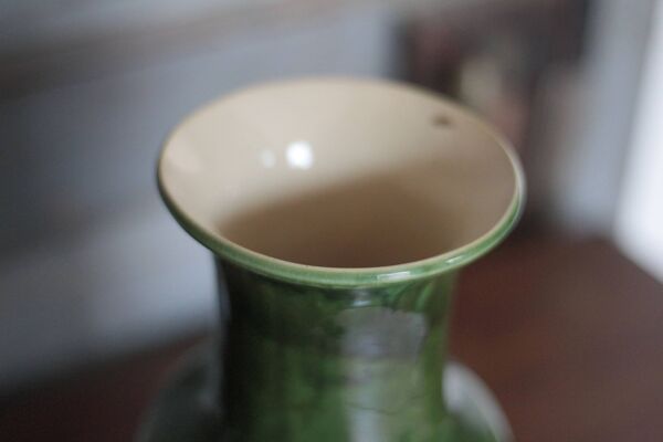 Vase céramique vernissé vert , vase balustre vintage, pot à fleurs