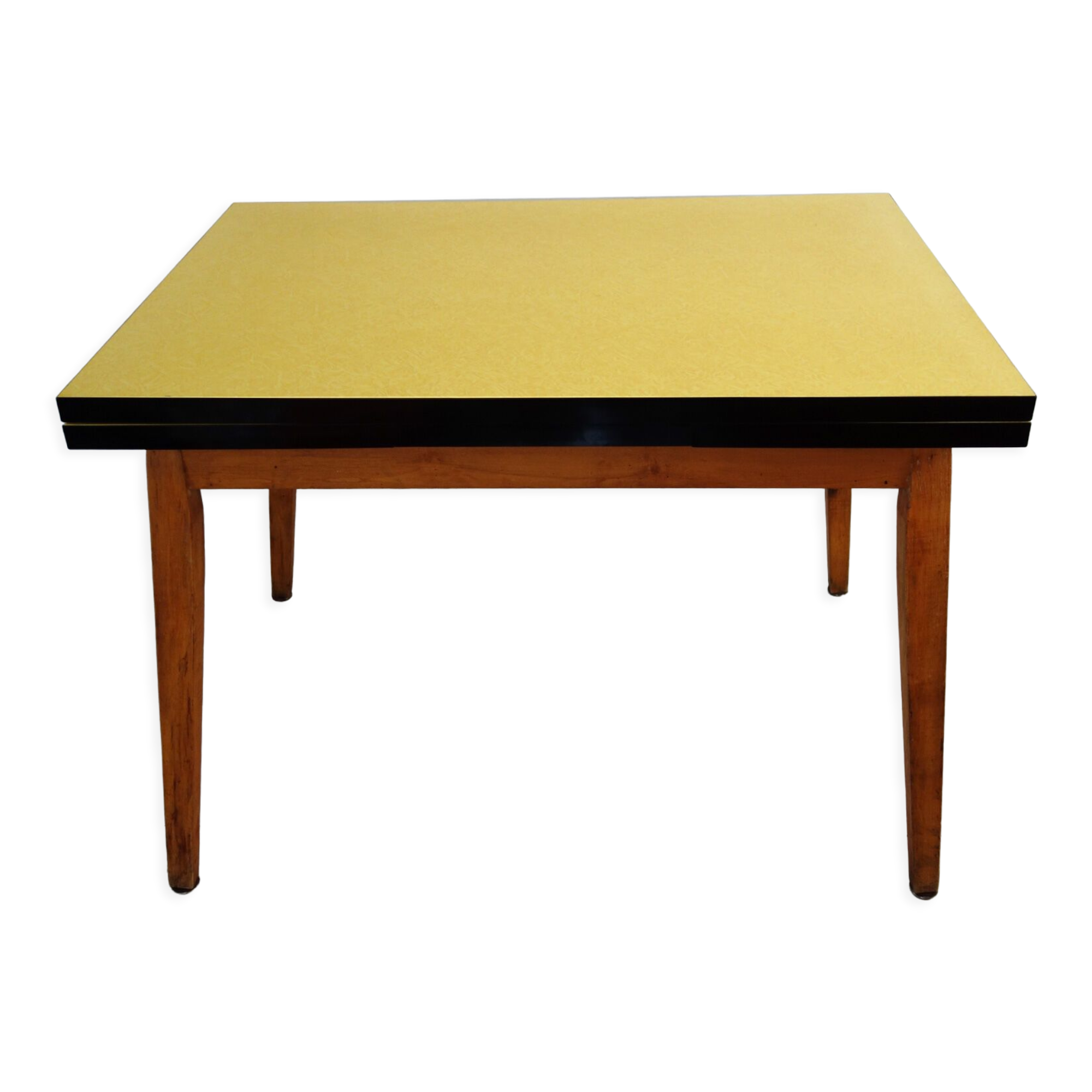 Table formica jaune et pieds bois années 50