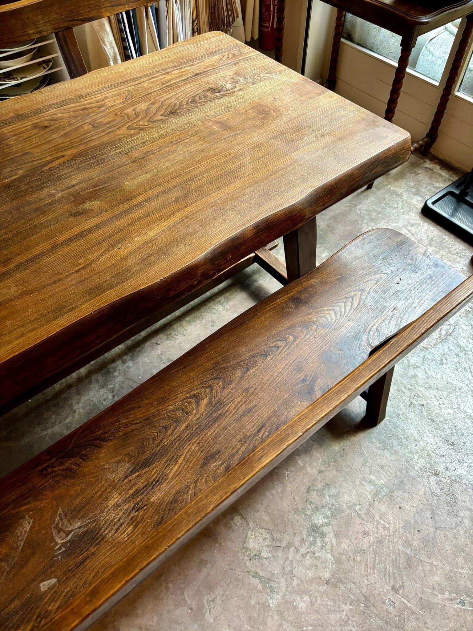 Aranjou dark wood dining table and 2 benches from the 70s/80s ☐ 200 x 89 cm