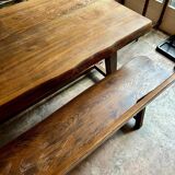 Table à manger et 2 bancs en bois foncé Aranjou années 70/80 ☐ 200 x 89 cm