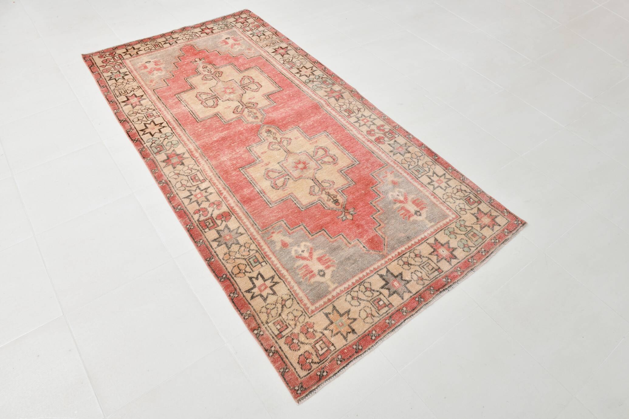 4x8 Red Cream Handmade Oriental Vintage Rug, 117x230Cm