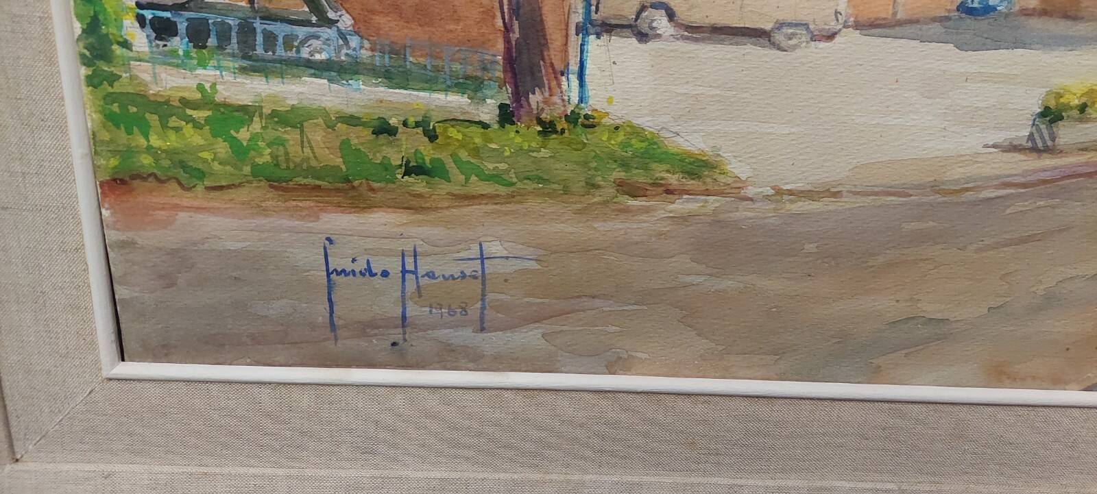 Guido hanset (1910-1992) watercolor on paper view of genoa ? 1968 signed