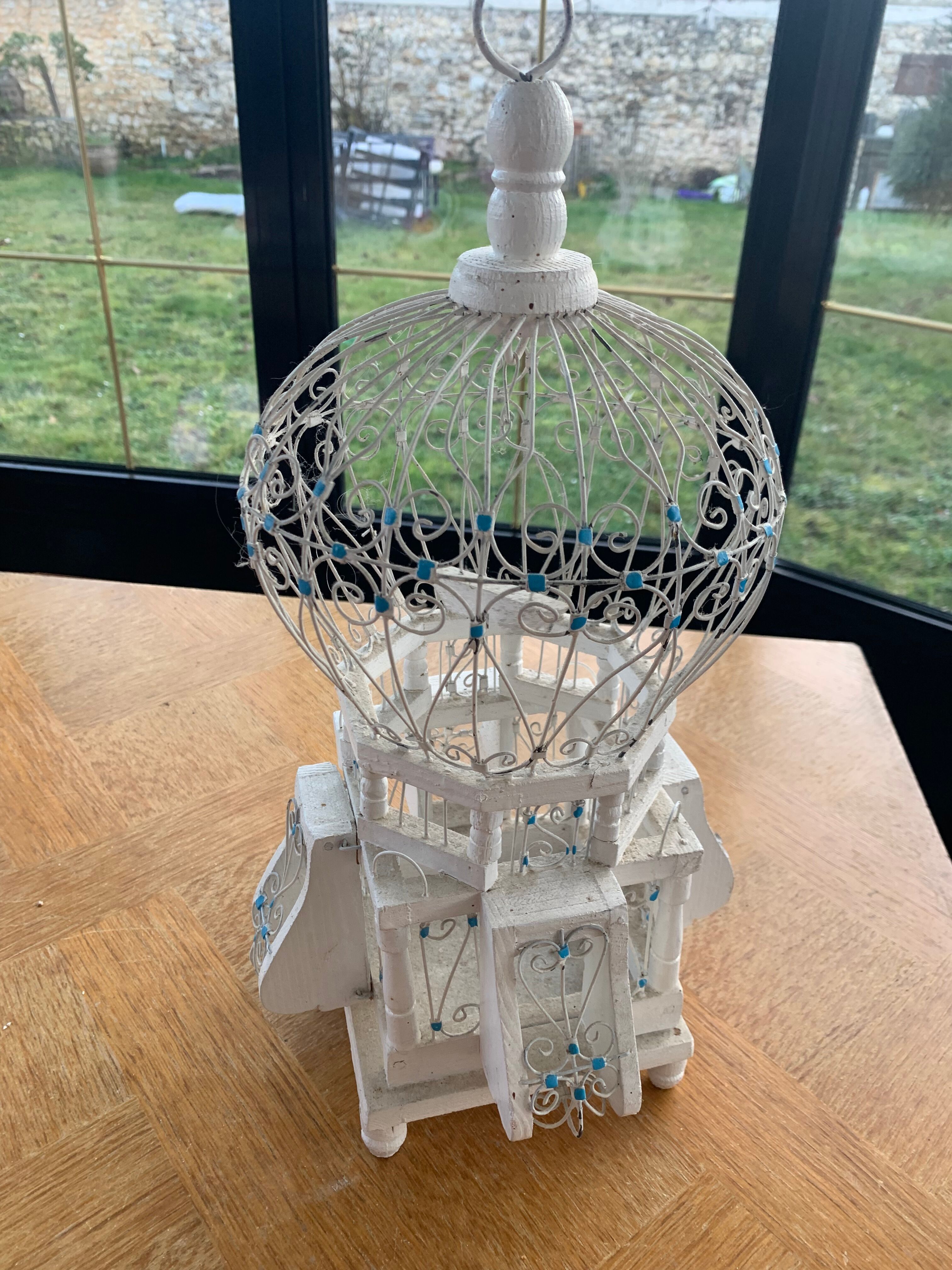 Oriental bird cage, metal and wood white and vintage blue