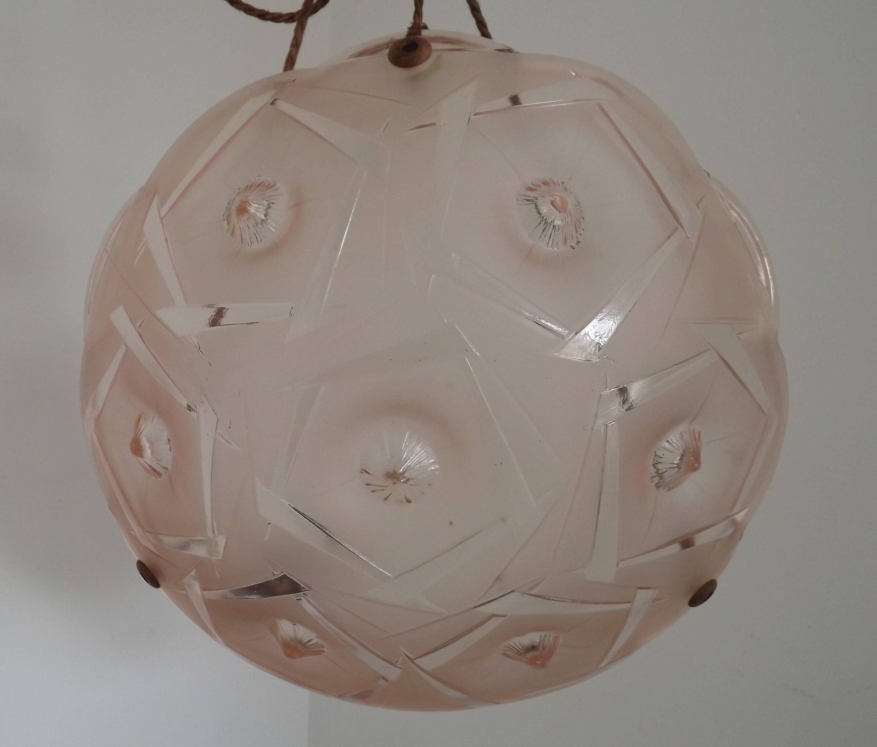 French Art Deco Stamped 1053 Pink Glass Plafonnier Hanging Light Pink Ropes