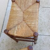 Pair of vintage wooden and straw stools from the 50s, rectangular