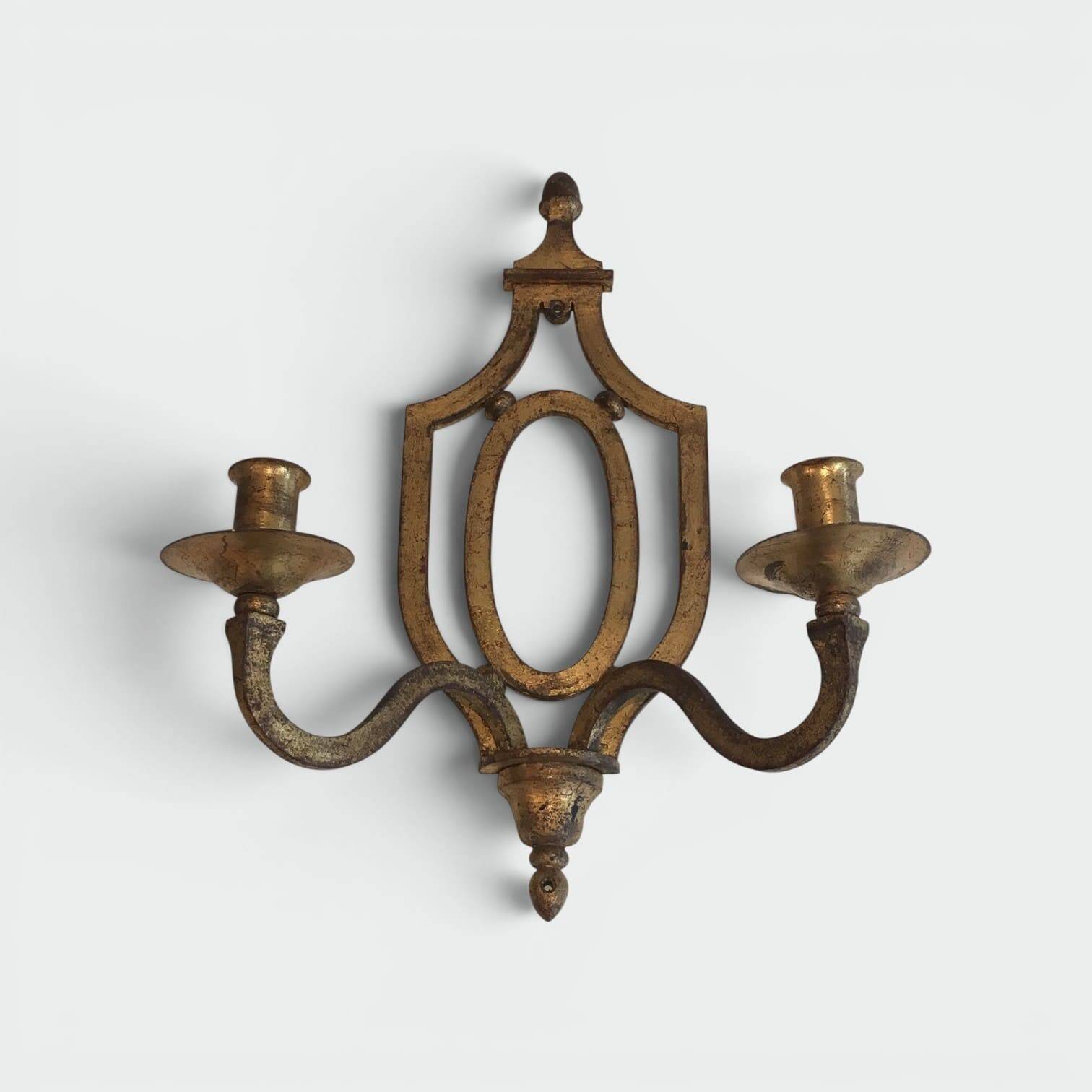 Golden Wrought Iron Wall Light with Oval Shield and Two Arms. French Work.
