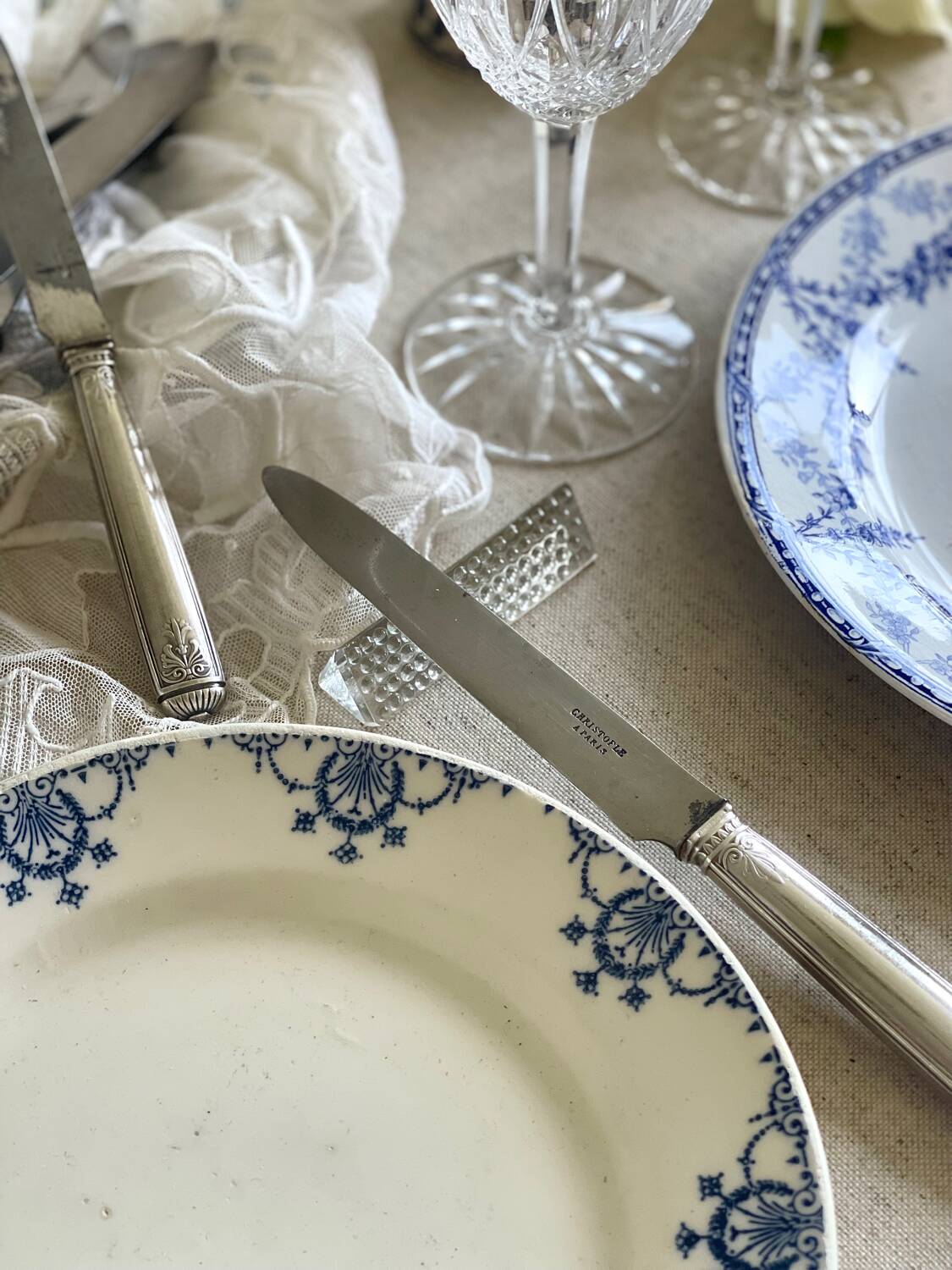 9 mismatched blue ironstone plates