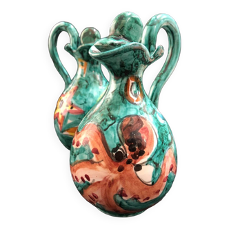 Pair of Amalfi Vietri ceramic pitchers with sea decoration