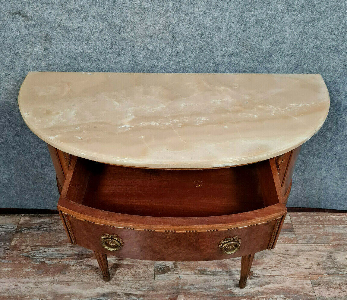 Commode sauteuse Louis XVI Demie lune en loupe d'orme et noyer vers 1900