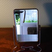Two-foot barber mirror, suspension mode, beveled, chrome metal - 70s -