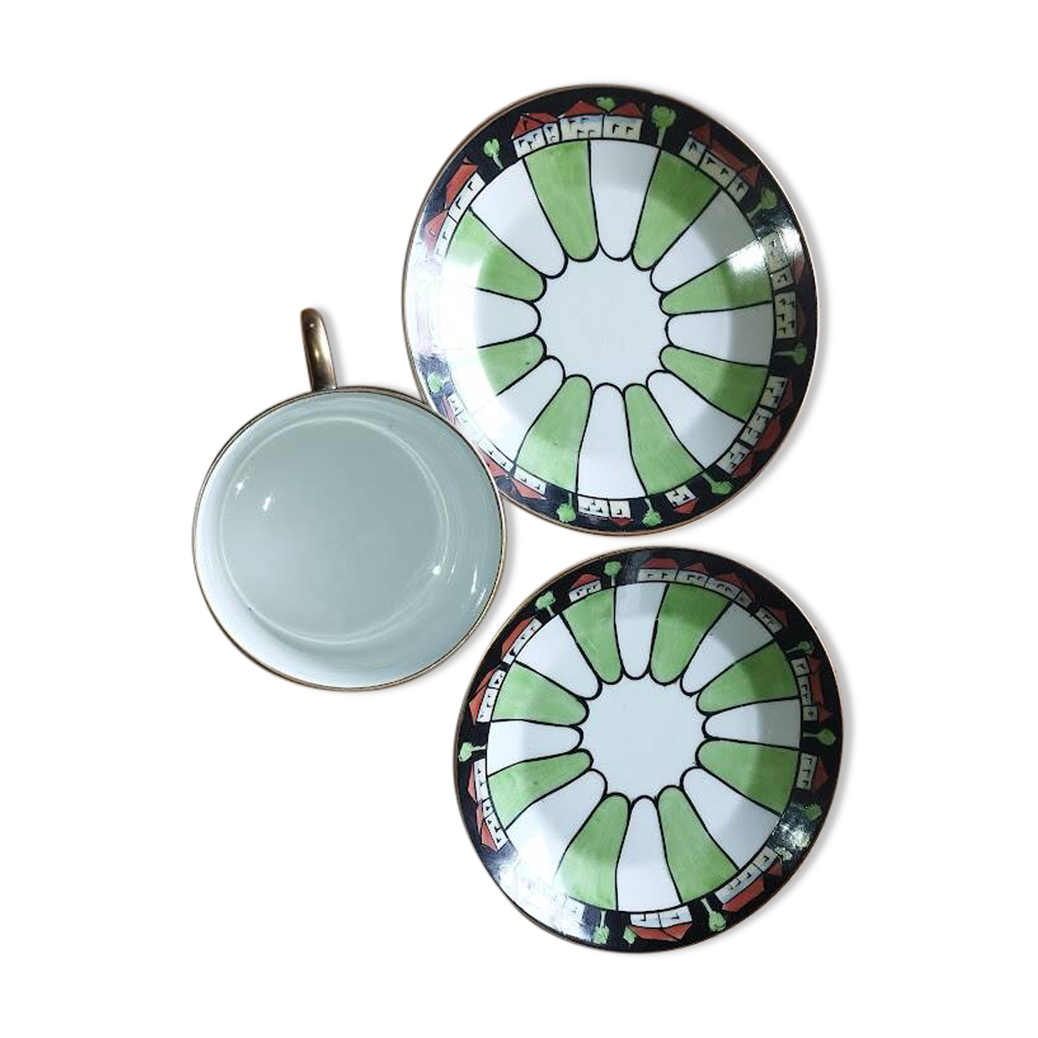 Antique cup and two saucers – Art Deco geometric design