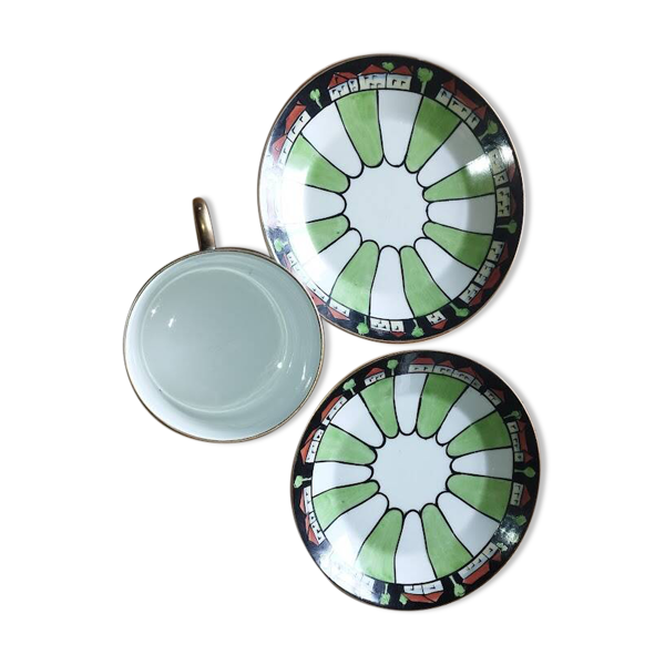 Tasse ancienne et deux soucoupes – décor géométrique Art déco
