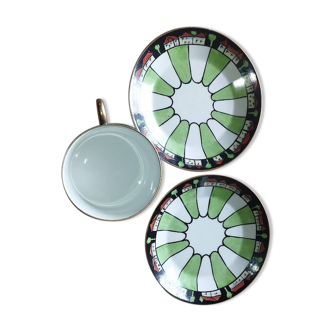 Antique cup and two saucers – Art Deco geometric design