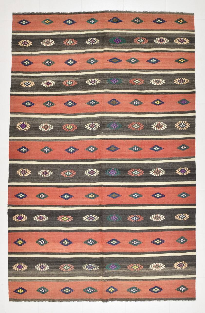 6x9 Terracotta Red & Brown Vintage Kilim Rug, Rugged Carpet, 175x270Cm