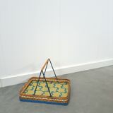 Rattan tray with handle and vintage flowers