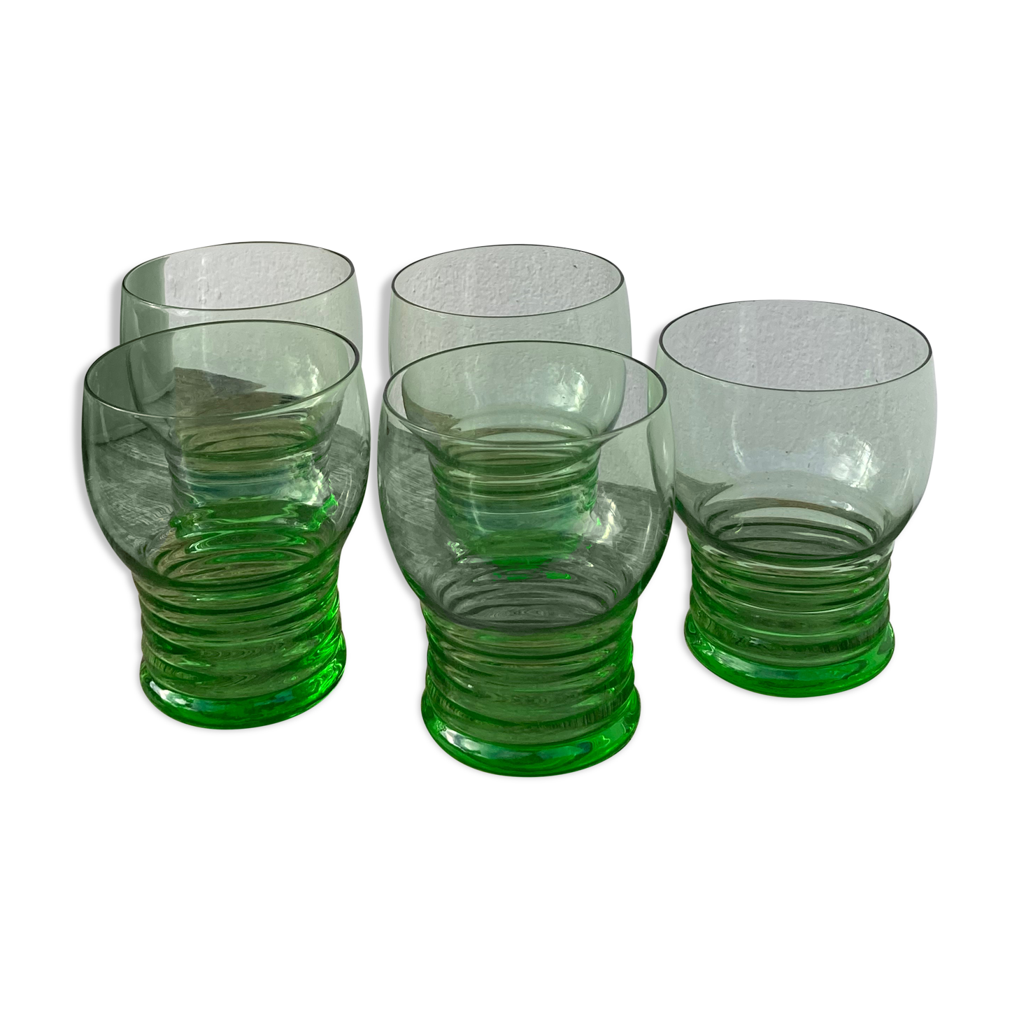 5 vintage green blown glass water glasses