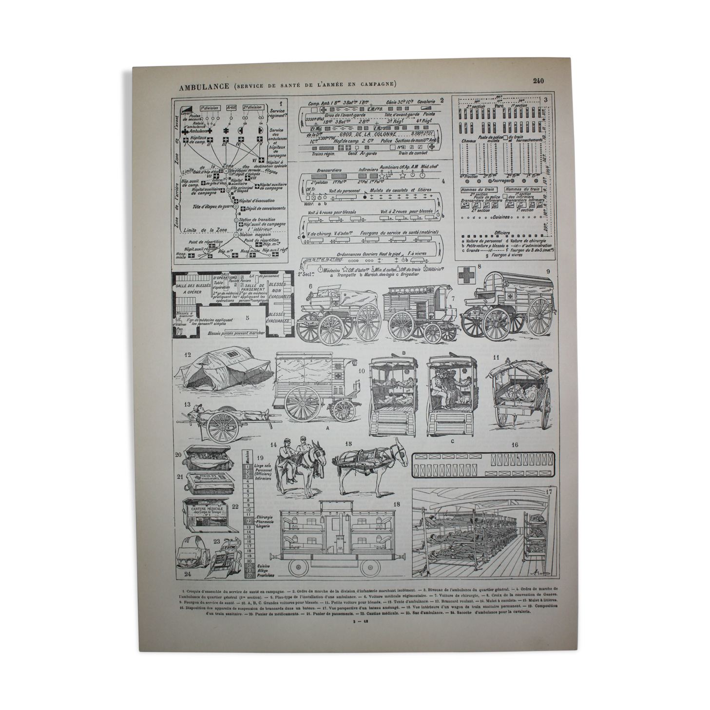 Engraving • Army ambulance, firefighter • Original lithograph from 1898