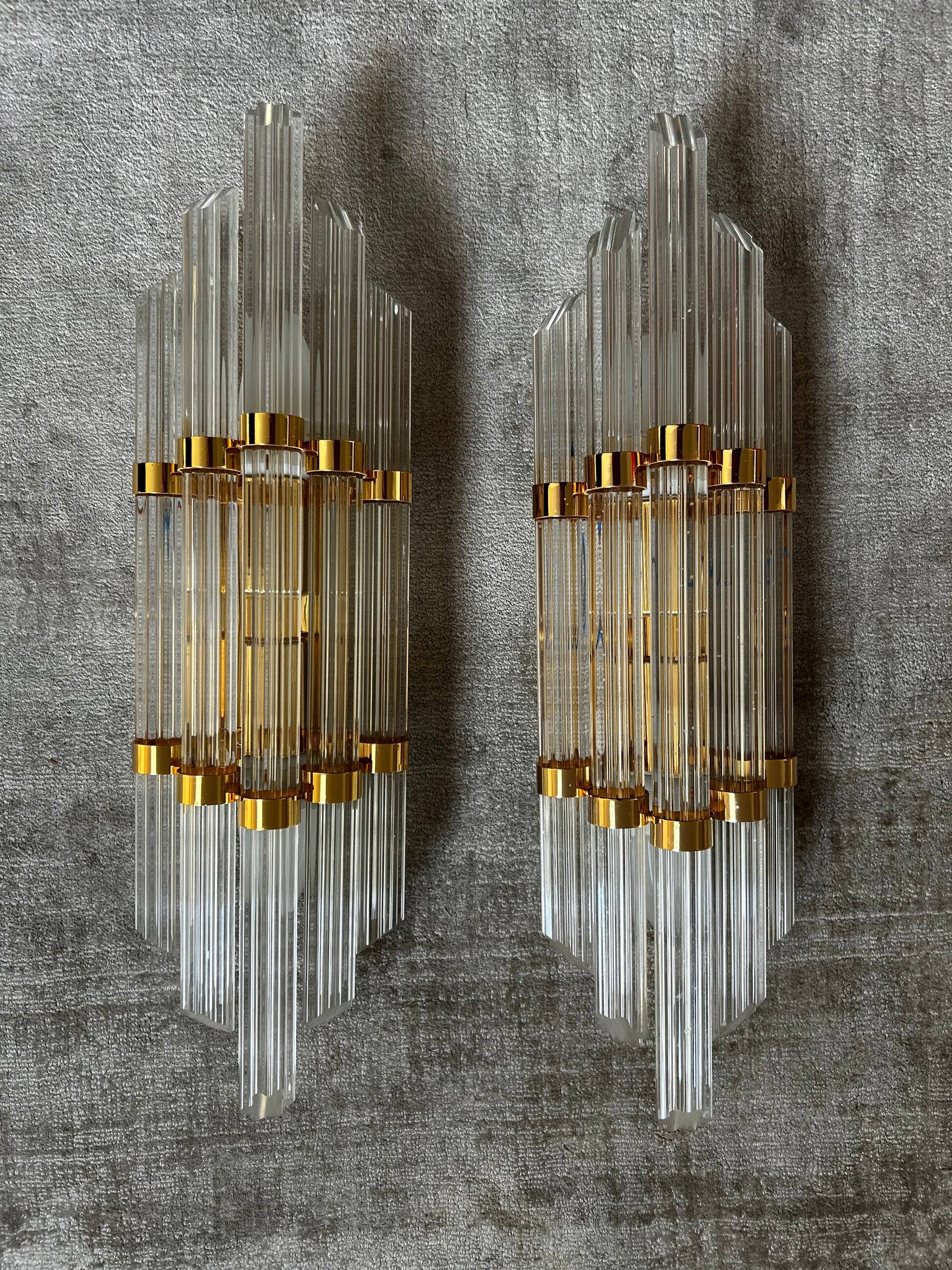 Pair of large Murano crystal sconces on gilt frame, Austria, 1970s